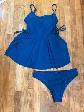 Blue Two-Piece Swim Set with Skirted Tankini Top